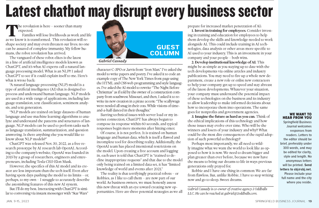 Article in Springfield Business Journal about AI and business.
