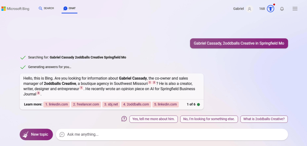 Bing AI Search Response about Gabriel Cassady, 2oddballs.
