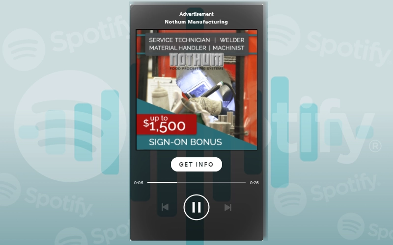 Nothum Manufacturing hiring event advertisement on Spotify.