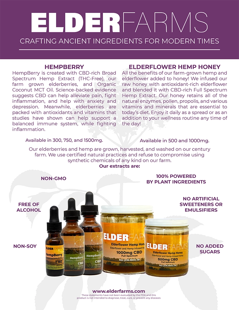 Flyer created for Elder Farms regarding tinctures and flower products