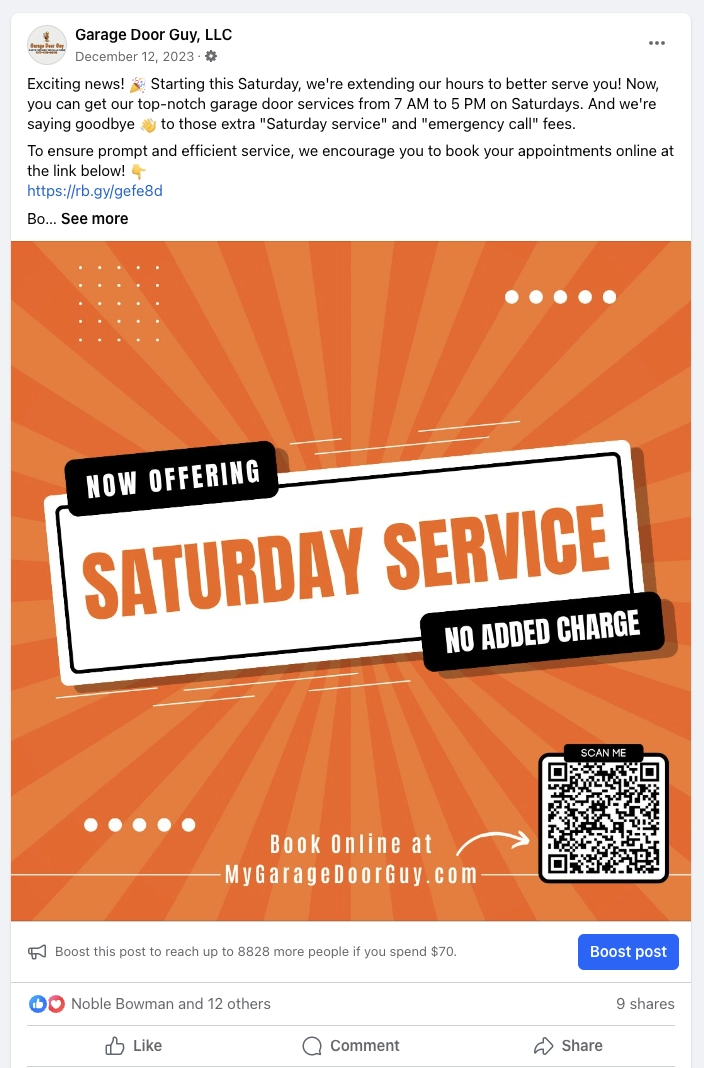 Saturday service social media post for Garage Door Guy