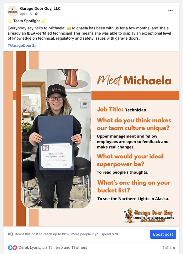 Team spotlight social media post for Garage Door Guy