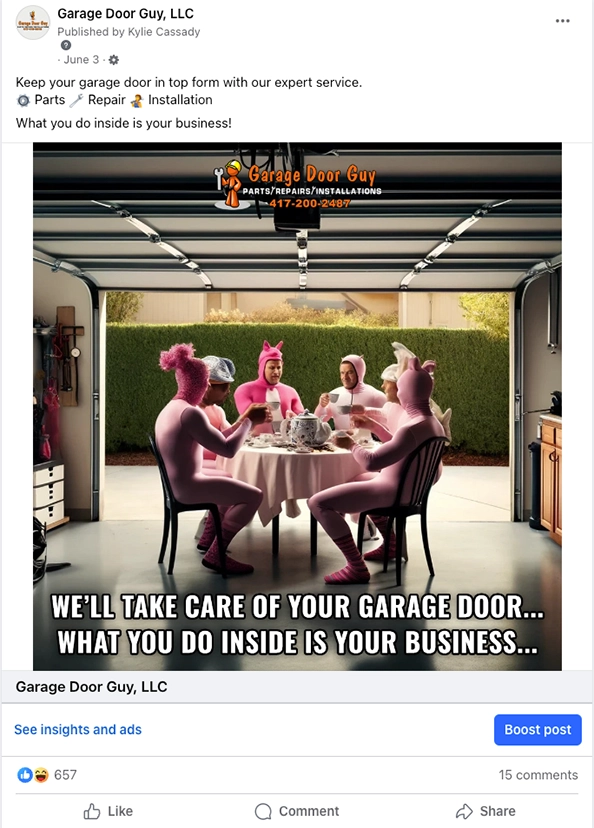 Viral Facebook ad for Garage Door Guy in Strafford MO