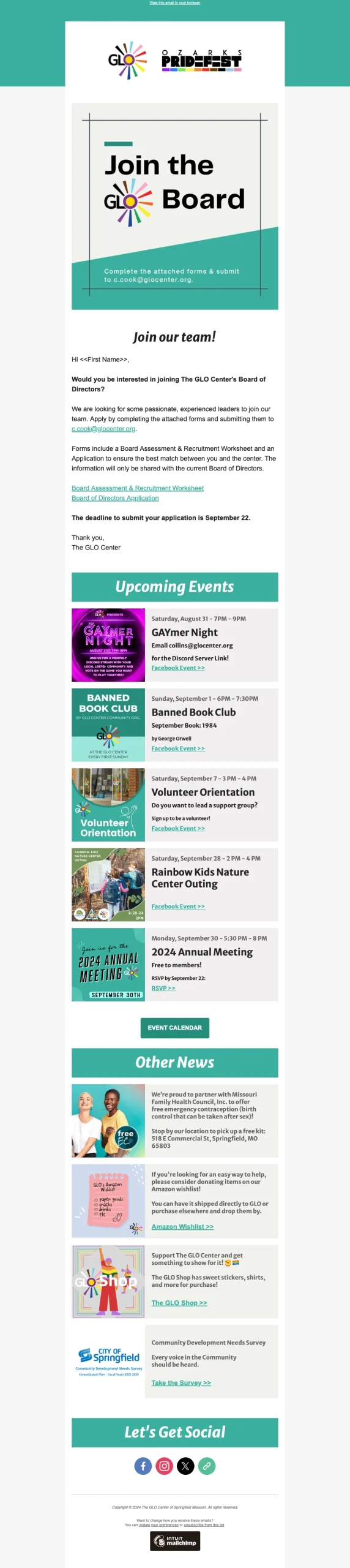 Email campaign created for the GLO Center in Springfield MO regarding their Board Members