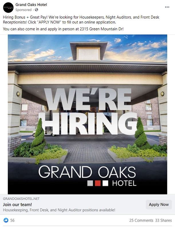 Hiring recruitment ad for Grand Oaks Hotel as a social media post