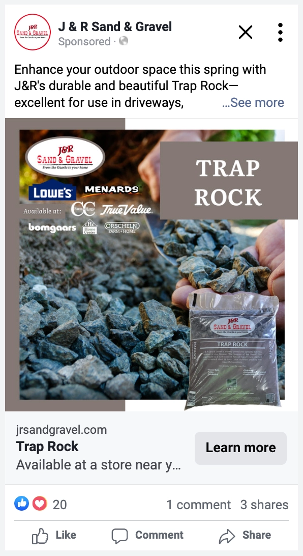 New product ad for JR Sand and Gravel out of Ava MO