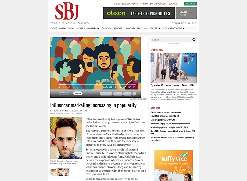 2oddballs, Gabriel's Influencer Marketing article for the Springfield Business Journal.