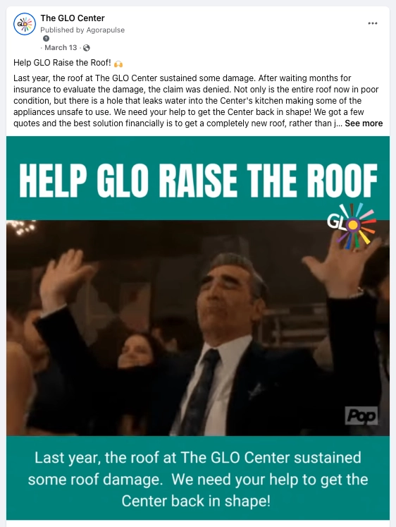 GLO Fundraiser Social Media post helping raise funds for a new roof
