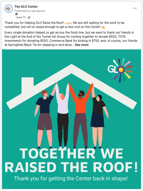 GLO Fundraiser Social Media post helping raise funds for a new roof