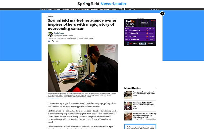 Springfield Newsleader article featuring Gabriel's 2oddballs fight against cancer and his motivation to inspire others in their battle with cancer.