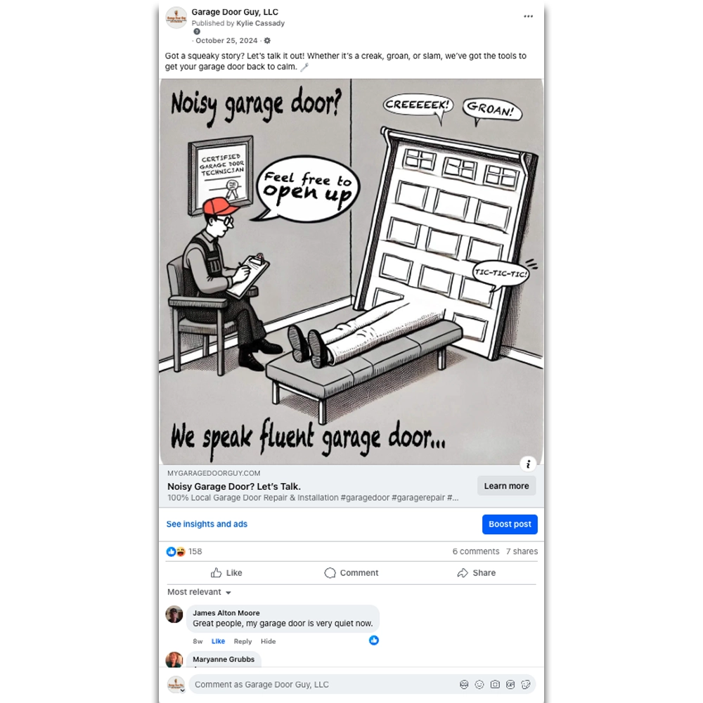 AI generated cartoon social media post for Garage Door Guy