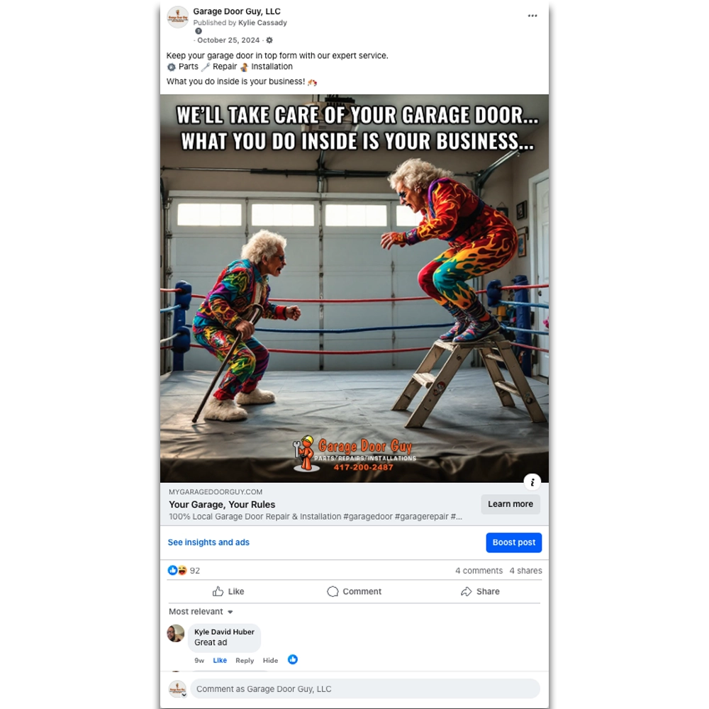 AI generated funny social media ad for Garage Door Guy