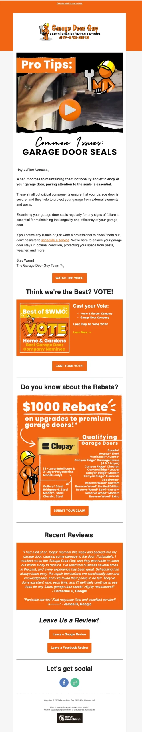 Email campaign educating customers with pro tips to keep garage doors in tip top shape.