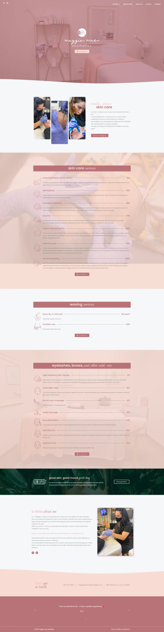 Maggie Mae Esthetics landing page website design - created by 2oddballs Creative