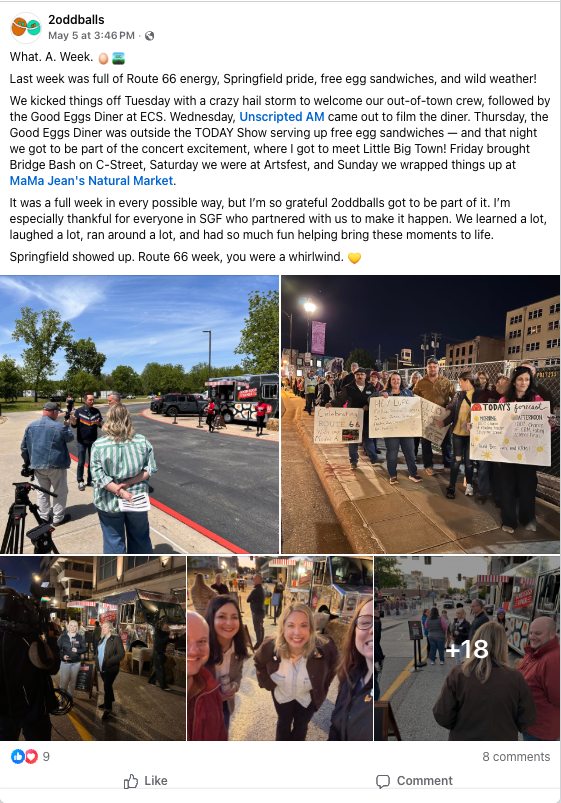 Social post about 2oddballs Creative managing PR for Vital Farms during their sponsorship of Route 66 cenintenial