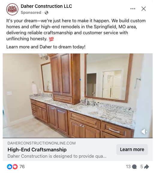 Facebook advertisment for Daher Construction company in springfield, MO