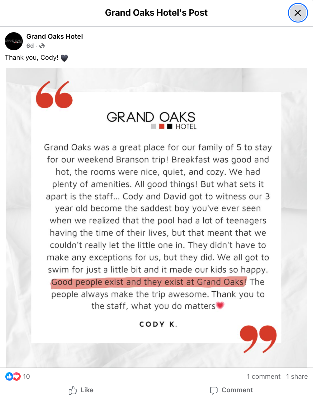 Social post for Grand Oaks Hotel sharing the good vibe testimonial from a recent customer
