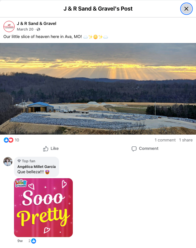 J&R Sand and Gravel social media post showing off the beautiful sites of their business