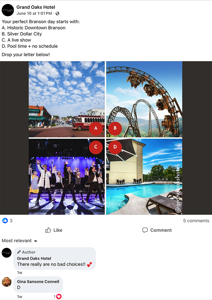 Grand Oaks Hotel social post voting on favorite attraction in Branson, MO